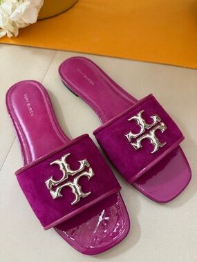 Tory Burch Magenta Suede & Patent Slide Sandals with Gold Logo